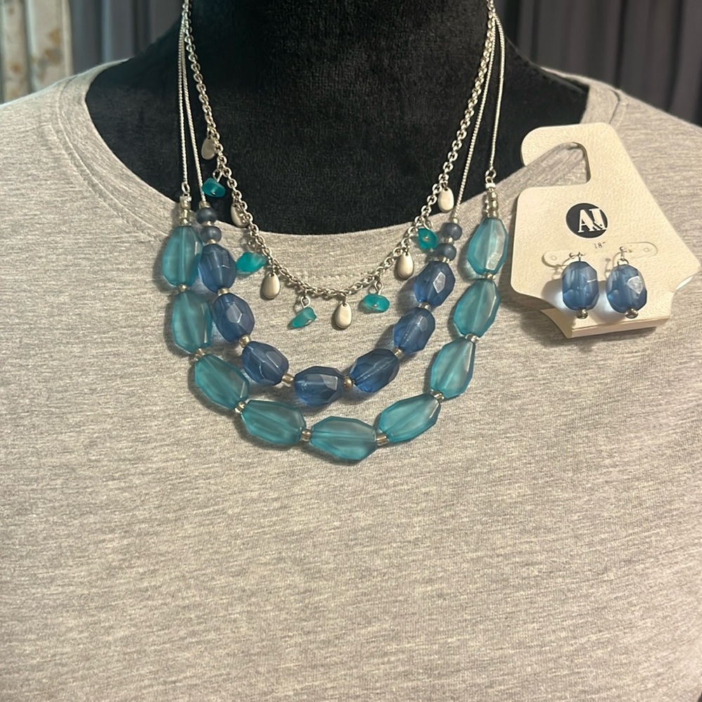 NWT.  A&I 3 strand blue stone necklace and earrings set